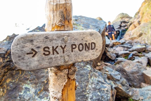 Sky pond sign in Rocky Mountain National Park in Colorado in USA