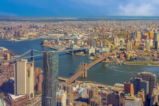 Manhattan city skyline cityscape of New York from top view in USA with Manhattan bridge and Brooklyn
