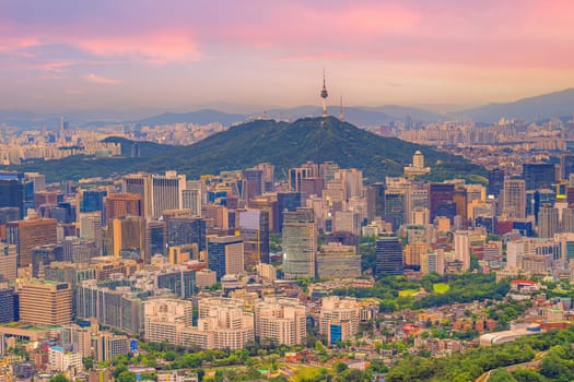Downtown Seoul city skyline, cityscape of South Korea in Asia at sunset