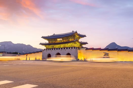 Gyeongbokgung Palace in downtown Seoul at sunset in South Korea
