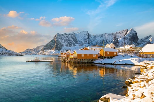 Beautiful nature lanscape of Lofoten in Norway, Europe with yellow houses village