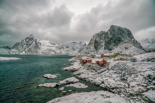 Beautiful nature lanscape of Lofoten in Norway, Europe with snow storm