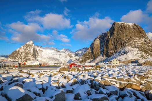 Beautiful nature lanscape of Lofoten in Norway, Europe with blue sky