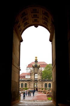 A view of the castle courtyard through the arch. Dresden, Germany - 05.20.2019