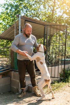 Vertical photo with motion of a dog jumping on top of a man petting him