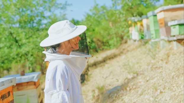 Profile of a female beekeeper in a field with bee hives. Mid shot.
