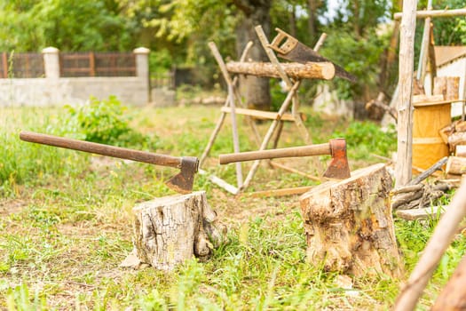 Rural scene of two axes pinned on logs in a garden