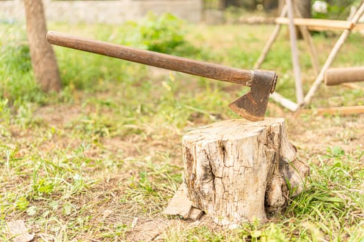 Close up view of a rusty axe nailed to a log in the garden