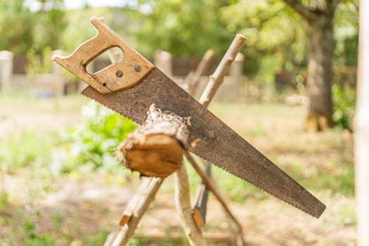 Close up view of a traditional handsaw pinned on a log in a garden