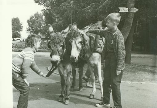 USSR - CIRCA 1970s: Retro photo shows children with donkeys in the park. Vintage black and white photography.