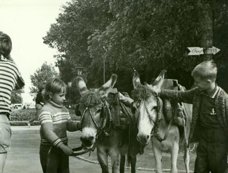 USSR - CIRCA 1970s: Retro photo shows children with donkeys in the park. Vintage black and white photography.