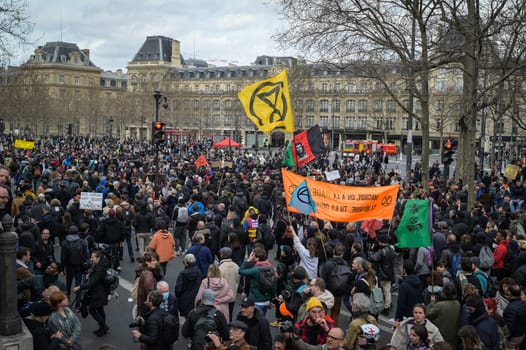 France, Paris, 2023-03-23. Demonstration, Strike, Ninth day of mobilisation against the pension reform. The Parisian procession, near Republique Place, High quality photo