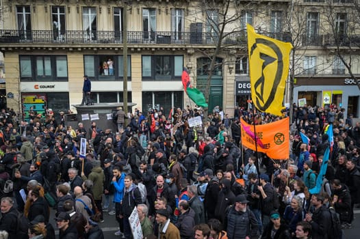 France, Paris, 2023-03-23. Demonstration, Strike, Ninth day of mobilisation against the pension reform. The Parisian procession, near Republique Place, High quality photo