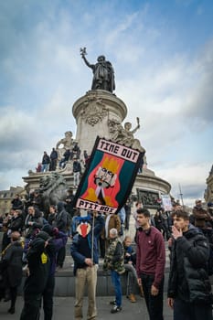 France, Paris, 2023-03-23. Demonstration, Strike, Ninth day of mobilisation against the pension reform. The Parisian procession, near Republique Place, High quality photo