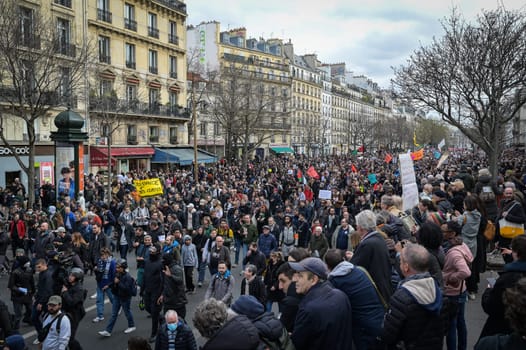 France, Paris, 2023-03-23. Demonstration, Strike, Ninth day of mobilisation against the pension reform. The Parisian procession, near Republique Place, High quality photo