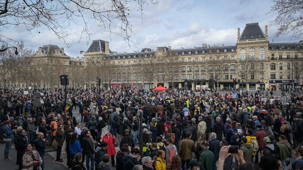 France, Paris, 2023-03-23. Demonstration, Strike, Ninth day of mobilisation against the pension reform. The Parisian procession, near Republique Place, High quality photo