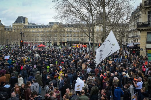 France, Paris, 2023-03-23. Demonstration, Strike, Ninth day of mobilisation against the pension reform. The Parisian procession, near Republique Place, High quality photo
