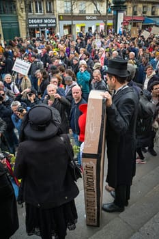 France, Paris, 2023-03-23. Demonstration, Strike, Ninth day of mobilisation against the pension reform. The Parisian procession, near Republique Place, High quality photo