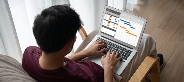 Project planning software for modish business project management on the computer screen showing timeline chart of the team project