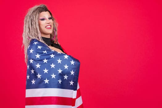 Distracted transgender person dressed as drag queen wrapping with a north america national flag in a red background