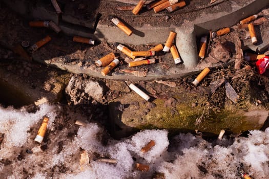 A lot of cigarette butts next to the manhole cover after the snow melts. Landscaping. Garbage. Environmental pollution. Harm to health. Environmental problems.