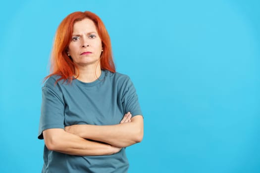 in studio with blue background