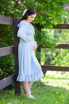 a smiling pregnant girl in a light blue dress stands at the fence, in a lilac garden, on a sunny day. Vertical.Close up. copy space