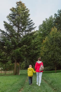 Beautiful family -Mom with small son on a walk in autumn sunny nature. Happy couple holding hands. Back view. Young mother with her little baby boy having fun in the autumn park