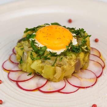 Recipe of courgette meat, onion, potato, garlic, pepper, coriander and egg yolk fried on a bed of round radish, High quality photo