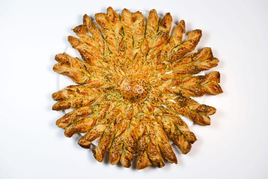 Sun recipe in puff pastry with smoked salmon and boursin cheese. High quality photo