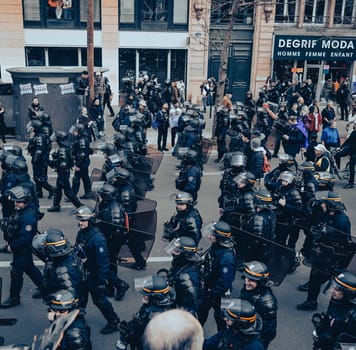 France, Paris, 2023-03-23. Demonstration, Strike, Ninth day of mobilisation against the pension reform. The Parisian procession, near Republique Place, High quality photo