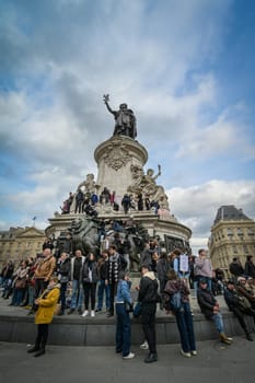 France, Paris, 2023-03-23. Demonstration, Strike, Ninth day of mobilisation against the pension reform. The Parisian procession, near Republique Place, High quality photo