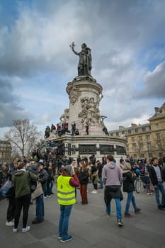 France, Paris, 2023-03-23. Demonstration, Strike, Ninth day of mobilisation against the pension reform. The Parisian procession, near Republique Place, High quality photo