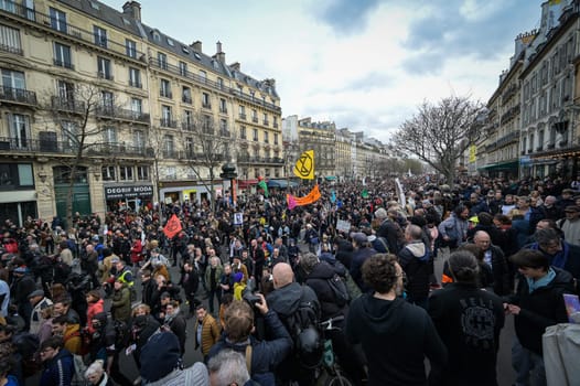 France, Paris, 2023-03-23. Demonstration, Strike, Ninth day of mobilisation against the pension reform. The Parisian procession, near Republique Place, High quality photo