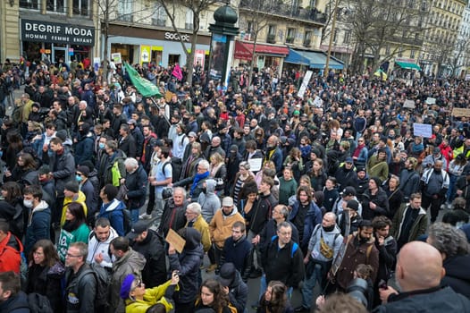 France, Paris, 2023-03-23. Demonstration, Strike, Ninth day of mobilisation against the pension reform. The Parisian procession, near Republique Place, High quality photo