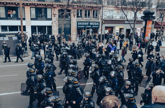 France, Paris, 2023-03-23. Demonstration, Strike, Ninth day of mobilisation against the pension reform. The Parisian procession, near Republique Place, High quality photo