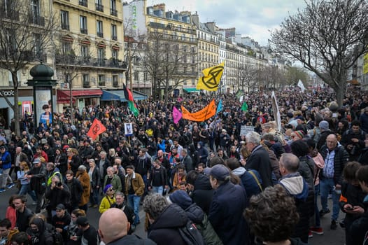 France, Paris, 2023-03-23. Demonstration, Strike, Ninth day of mobilisation against the pension reform. The Parisian procession, near Republique Place, High quality photo