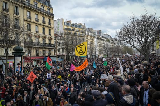 France, Paris, 2023-03-23. Demonstration, Strike, Ninth day of mobilisation against the pension reform. The Parisian procession, near Republique Place, High quality photo