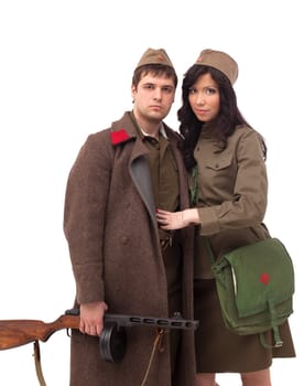 Attractive man and woman posing in khaki, isolated on white