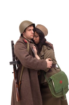 Man in military clothes hugging woman, isolated on white