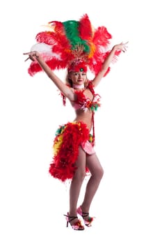 Attractive samba dancer posing in studio, isolated on white
