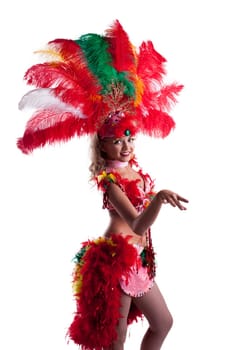 Playful young dancer in colorful festival costume, close-up