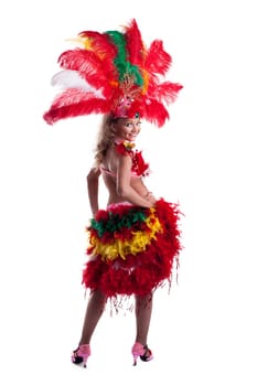 Cheerful girl posing in colorful carnival costume isolated on white
