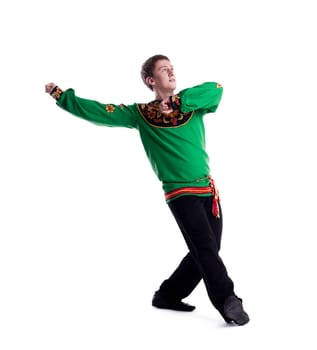 Handsome guy performing folk dance, isolated on white