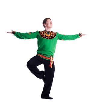 Image of smiling folk dancer posing in studio, isolated on white