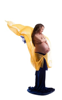 Beautiful pregnant woman posing with veil, isolated on white