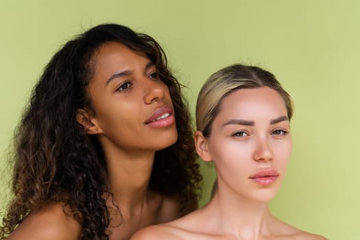 Woman close beauty portrait mixed race black skin and white skin, two female on green background