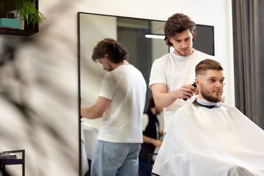 handsome young man visiting professional hairstylist in barber shop