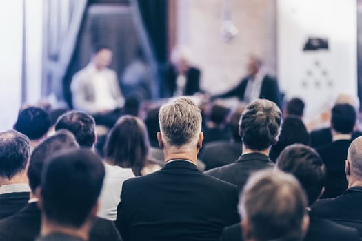 Round table discussion at business conference meeting event.. Audience at the conference hall. Business and entrepreneurship symposium