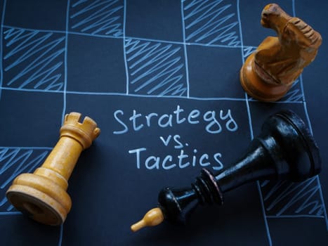 Chess pieces and written inscription strategy vs tactics.